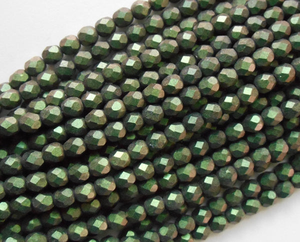 Lot of 25 6mm Polychrome Olive Mauve Czech glass dark green firepolished, faceted round beads, C4625