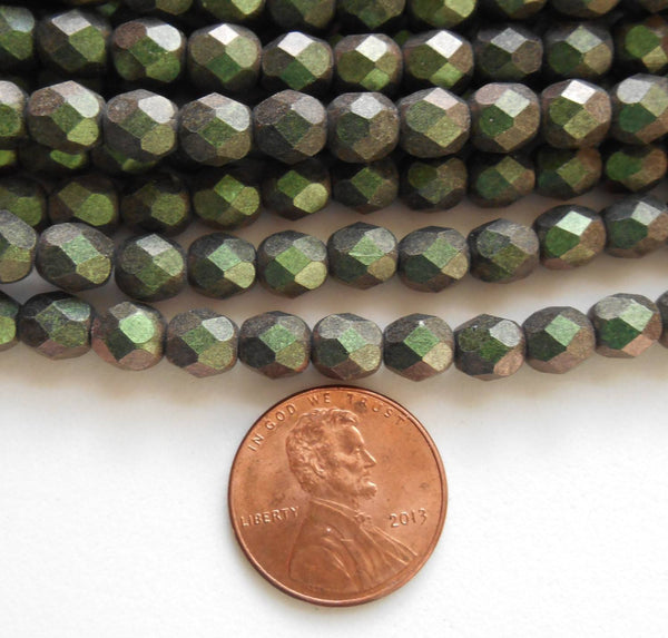 Lot of 25 6mm Polychrome Olive Mauve Czech glass dark green firepolished, faceted round beads, C4625 - Glorious Glass Beads