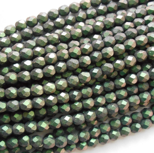 Lot of 25 6mm Polychrome Olive Mauve Czech glass dark green firepolished, faceted round beads, C4625 - Glorious Glass Beads