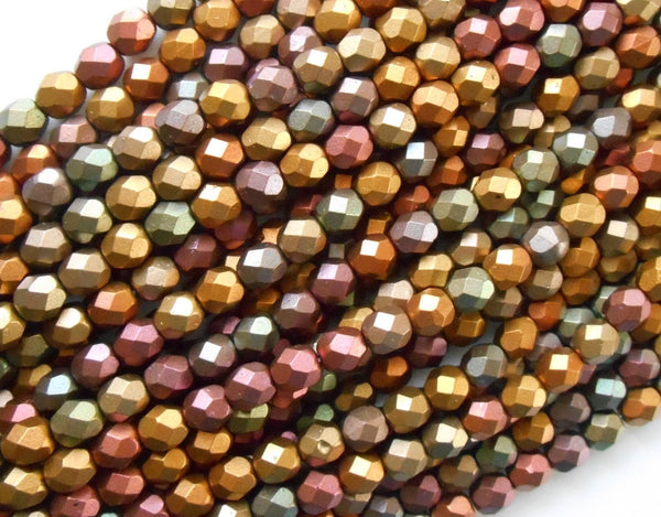 Lot of 25 6mm Matte Metallic Bronze Iris Czech glass firepolished, faceted round beads, C7425 - Glorious Glass Beads