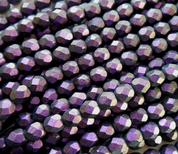 Lot of 25 6mm Polychrome Black Currant Czech glass dark purple firepolished, faceted round beads, C4625 - Glorious Glass Beads