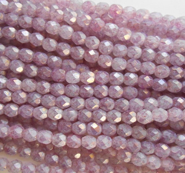 Lot of 25 6mm Luster Stone Pink Czech glass, firepolished, faceted round beads with picasso finish, C2525 - Glorious Glass Beads