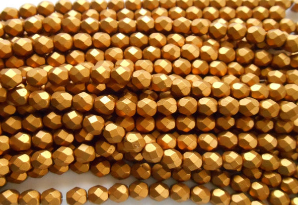 Lot of 25 6mm Matte Metallic Antique Gold Czech glass firepolished, faceted round beads, C7425 - Glorious Glass Beads