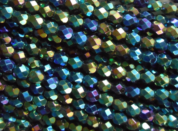 Lot of 25 6mm Iris Green Czech glass, firepolished, faceted round beads, C6425 - Glorious Glass Beads
