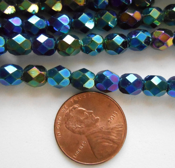 Lot of 25 6mm Iris Green Czech glass, firepolished, faceted round beads, C6425 - Glorious Glass Beads