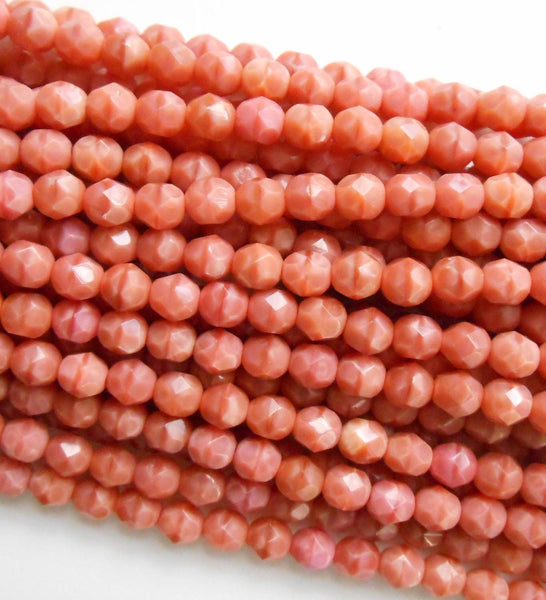 Lot of 25 6mm Opaque Pink Coral Czech glass firepolished, faceted round beads, C9525
