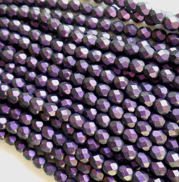 Lot of 25 6mm Polychrome Black Currant Czech glass dark purple firepolished, faceted round beads, C4625 - Glorious Glass Beads