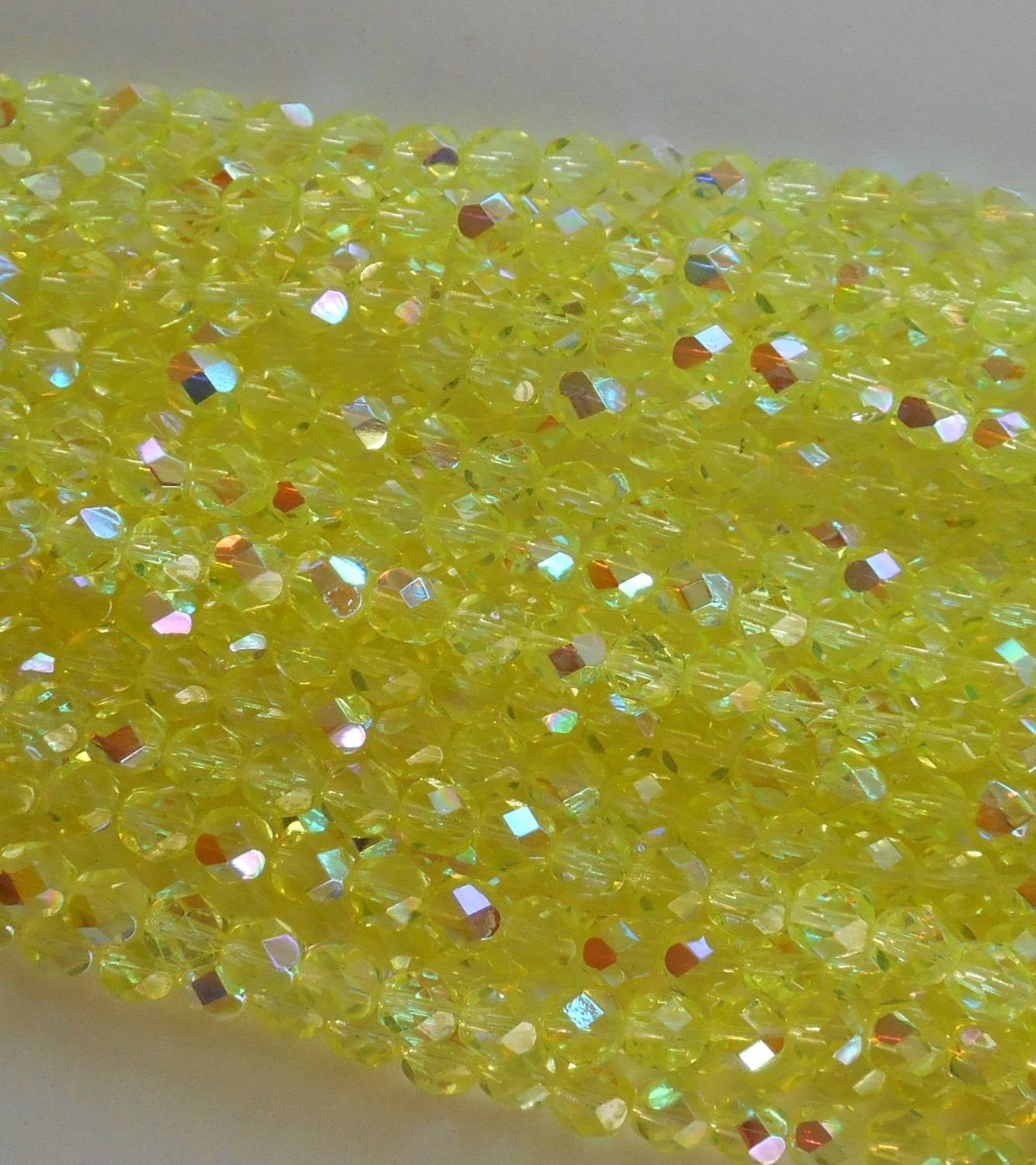 Lot of 25 6mm Jonquil AB Czech glass, yellow firepolished, faceted round beads, C3525 - Glorious Glass Beads