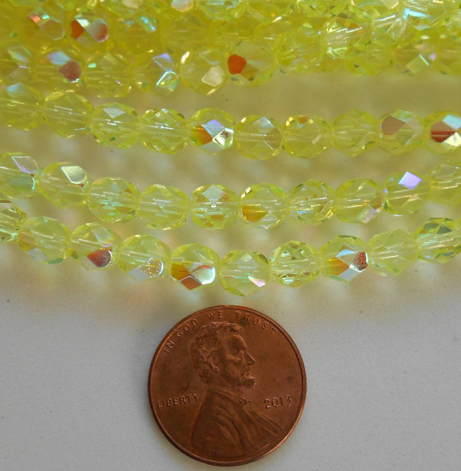 Lot of 25 6mm Jonquil AB Czech glass, yellow firepolished, faceted round beads, C3525 - Glorious Glass Beads