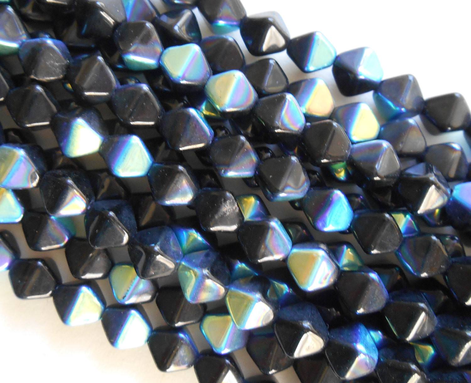 Fifty 6mm Jet Black AB bicones pressed glass Czech bicone beads, C8650 - Glorious Glass Beads