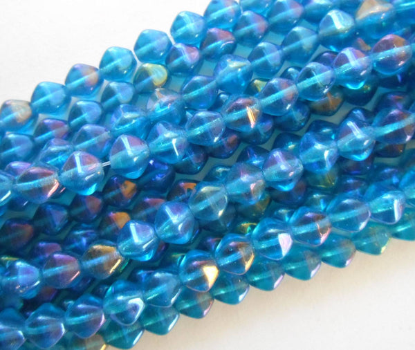 Fifty 6mm Luster Iris Capri Blue bicones, pressed glass Czech bicone beads, C3650 - Glorious Glass Beads