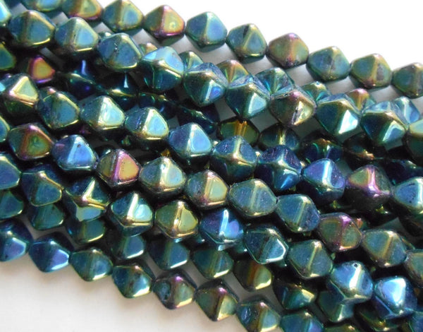 Fifty 6mm metallic Iris Green bicones, Czech pressed glass bicone beads, C3650