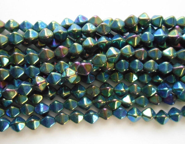 Fifty 6mm metallic Iris Green bicones, Czech pressed glass bicone beads, C3650 - Glorious Glass Beads