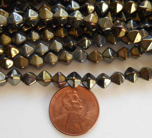 Fifty 6mm Iris Brown bicones pressed glass Czech metallic bicone beads, C3650 - Glorious Glass Beads