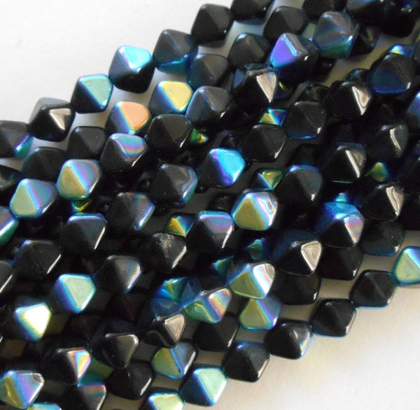 Fifty 6mm Jet Black AB bicones pressed glass Czech bicone beads, C8650