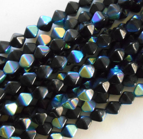 Fifty 6mm Jet Black AB bicones pressed glass Czech bicone beads, C8650 - Glorious Glass Beads