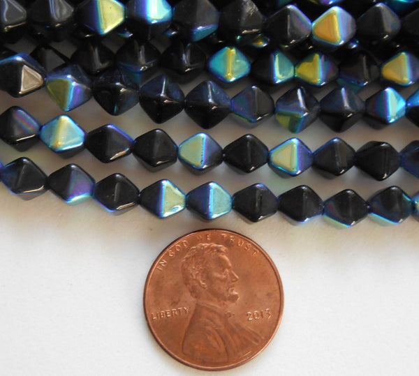 Fifty 6mm Jet Black AB bicones pressed glass Czech bicone beads, C8650 - Glorious Glass Beads