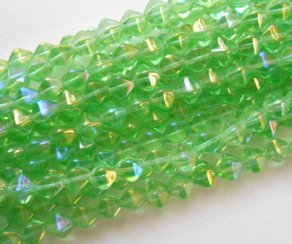 Fifty 6mm Luster Iris green bicones, Czech pressed glass bicone beads, C3650 - Glorious Glass Beads