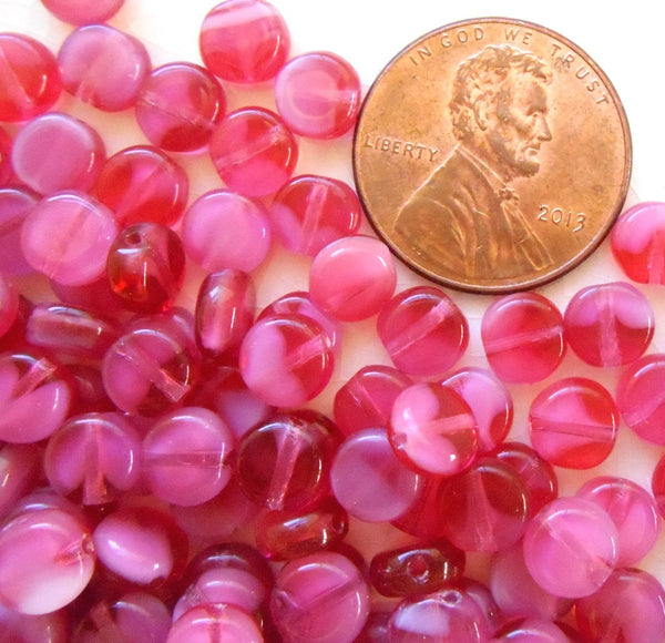Fifty 6mm Czech glass flat little coin or disc beads, milky 50 6mm Czech glass flat round milky rasberry beads,  beads with white hearts, C9450 - Glorious Glass Beads