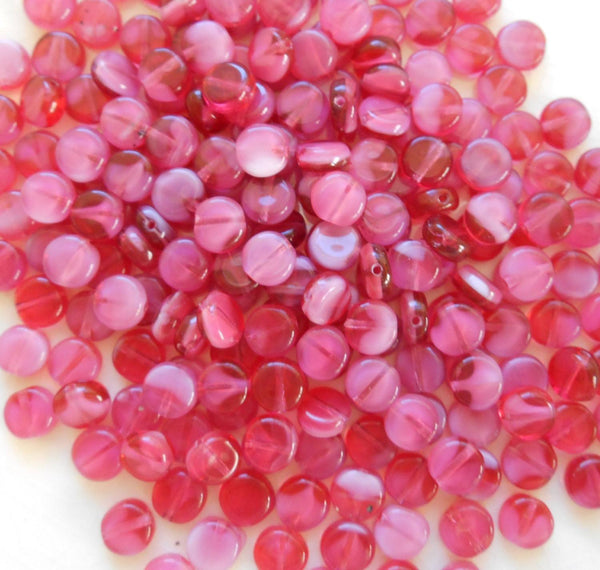 Fifty 6mm Czech glass flat little coin or disc beads, milky 50 6mm Czech glass flat round milky rasberry beads,  beads with white hearts, C9450 - Glorious Glass Beads