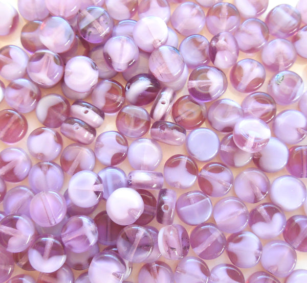 50 6mm Czech glass flat round milky amethyst beads, little purple white heart coin or disc beads C9450
