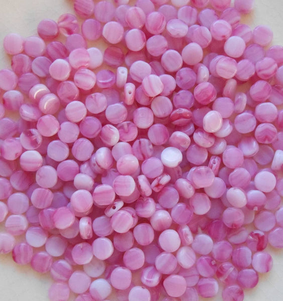 Fifty 6mm Czech glass flat coin or disc milky rose beads, pink and white swirls, C5750