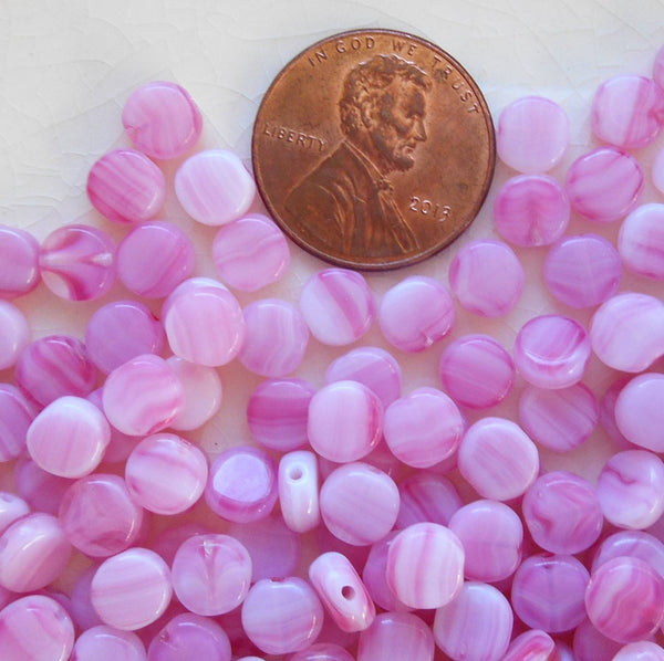 Fifty 6mm Czech glass flat coin or disc milky rose beads, pink and white swirls, C5750 - Glorious Glass Beads