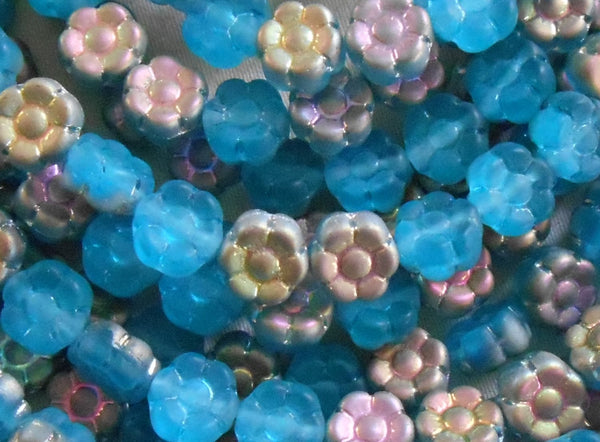 28 6mm Aqua Vitrial AB Czech glass flower beads, pressed glass flower beads, C4001 - Glorious Glass Beads