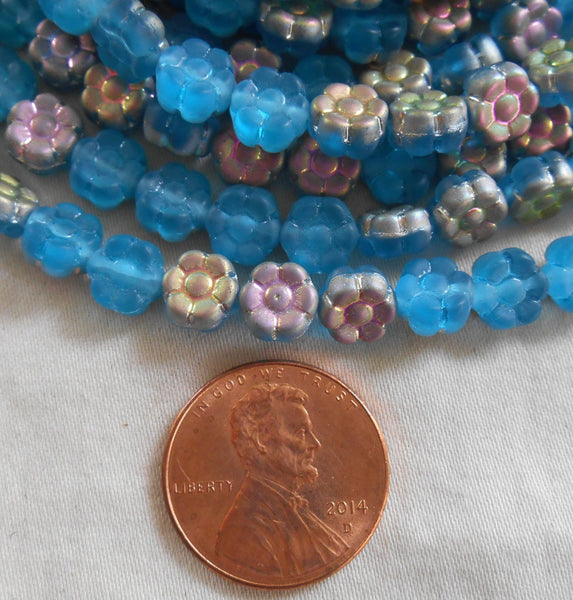 28 6mm Aqua Vitrial AB Czech glass flower beads, pressed glass flower beads, C4001 - Glorious Glass Beads