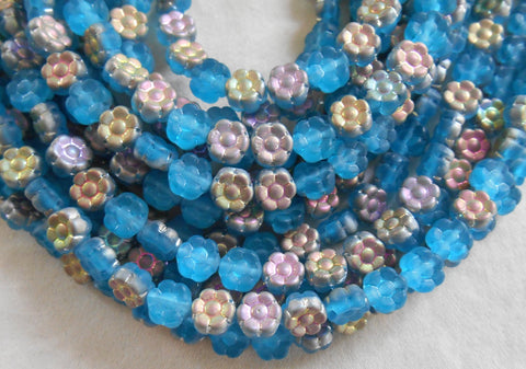 28 6mm Aqua Vitrial AB Czech glass flower beads, pressed glass flower beads, C4001 - Glorious Glass Beads