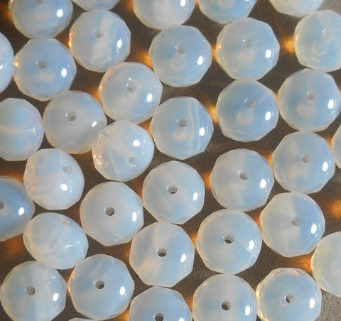 Lot of 25 6 x 9mm Czech glass Milky White, Opalite, faceted puffy rondelle beads, C0825 - Glorious Glass Beads