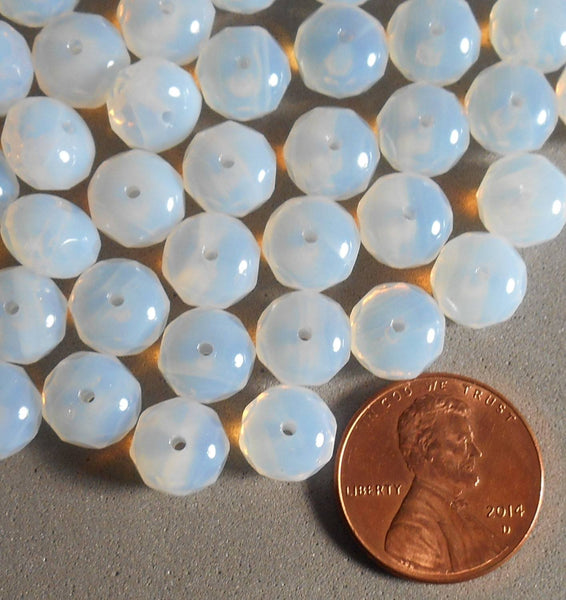 Lot of 25 6 x 9mm Czech glass Milky White, Opalite, faceted puffy rondelle beads, C0825 - Glorious Glass Beads