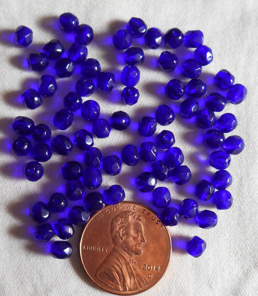 Fifty 4mm Czech glass Cobalt Blue firepolished faceted round glass beads, C8550 - Glorious Glass Beads