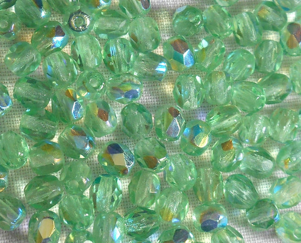 Fifty 4mm Czech Mint Green AB firepolished faceted round Glass beads, C7450