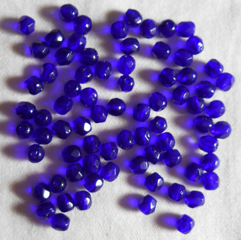 Fifty 4mm Czech glass Cobalt Blue firepolished faceted round glass beads, C8550 - Glorious Glass Beads