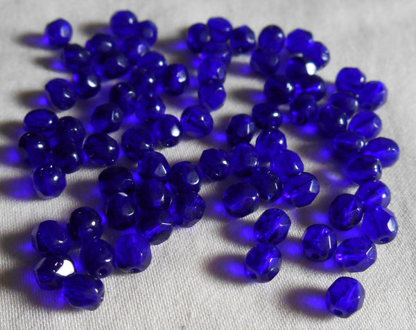 Fifty 4mm Czech glass Cobalt Blue firepolished faceted round glass beads, C8550 - Glorious Glass Beads