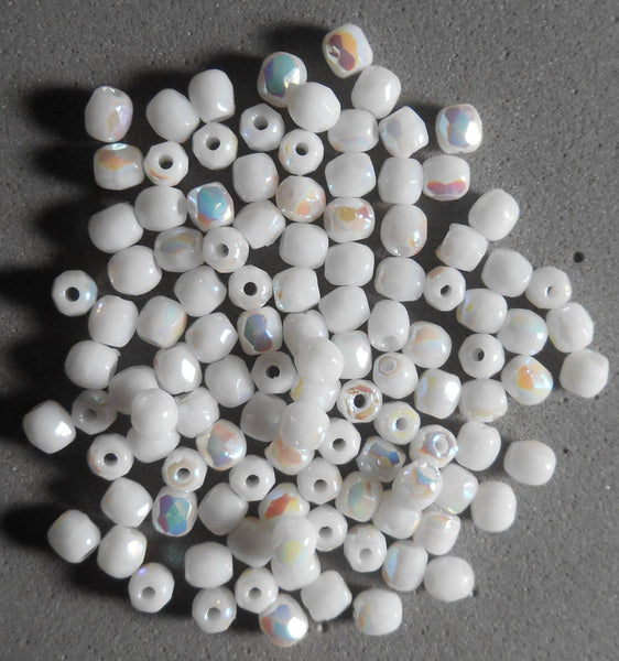 Fifty 3mm Czech Opaque White AB glass firepolished round faceted beads - Glorious Glass Beads