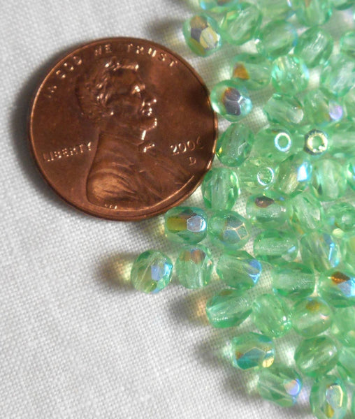Fifty 4mm Czech Mint Green AB firepolished faceted round Glass beads, C7450 - Glorious Glass Beads