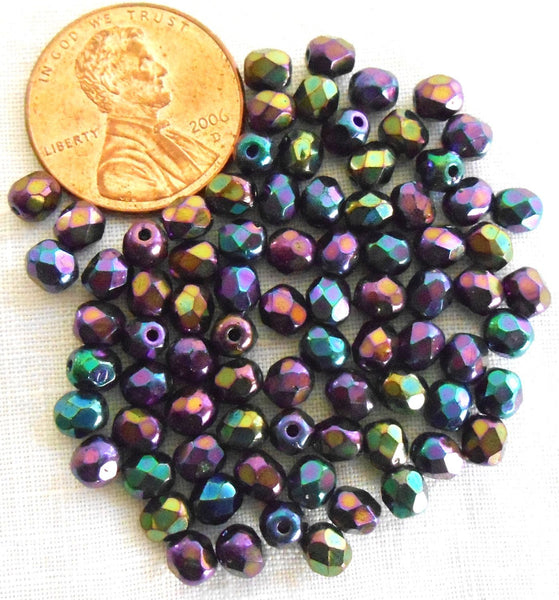 Fifty 4mm Czech Purple Iris glass firepolished round faceted beads, C6350 - Glorious Glass Beads