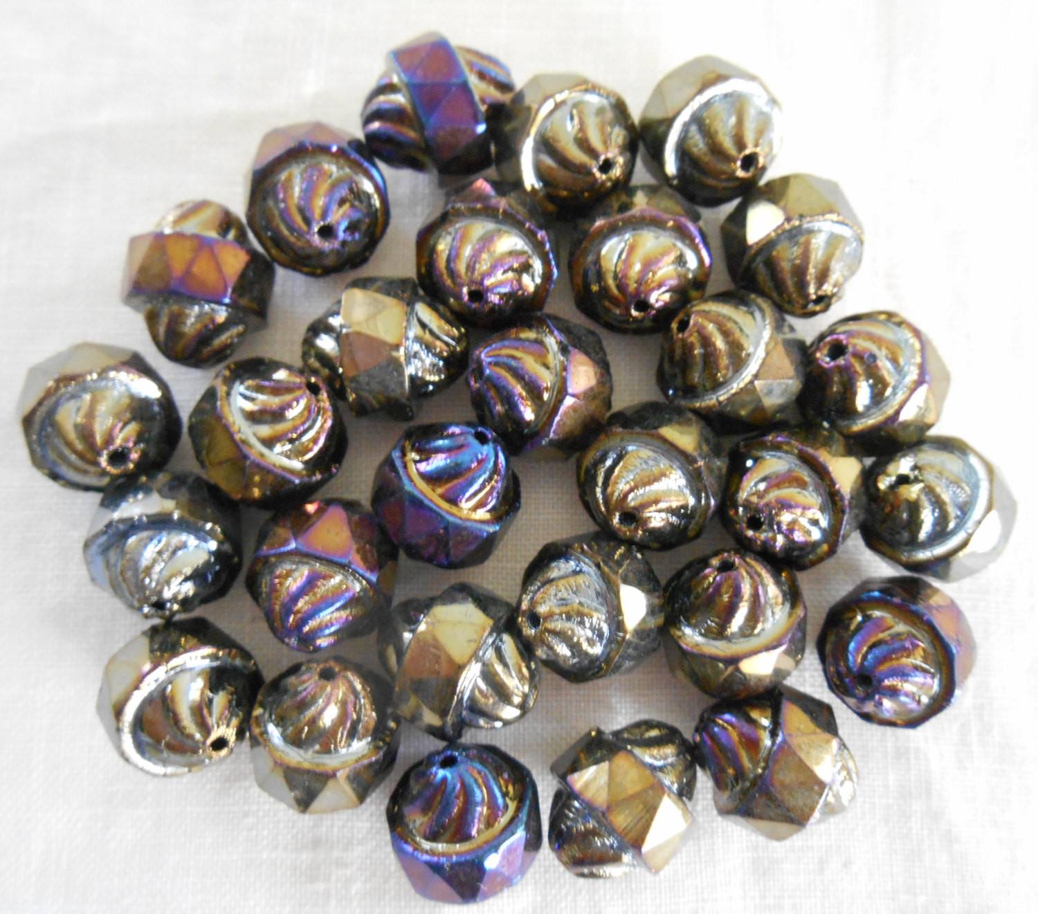 Ten Czech Brown multicolored iridescent glass Iris antique cut turbine, cathedral, saturn beads, 11 x 10mm, C8410 - Glorious Glass Beads