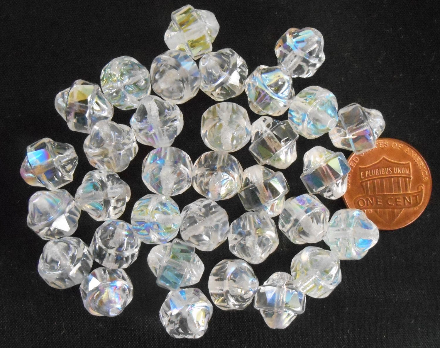 Ten Czech white iridescent Crystal AB antique cut turbine, cathedral, saturn beads, 11 x 10mm, C0101 - Glorious Glass Beads