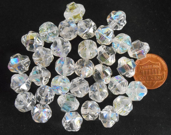 Ten Czech white iridescent Crystal AB antique cut turbine, cathedral, saturn beads, 11 x 10mm, C0101 - Glorious Glass Beads