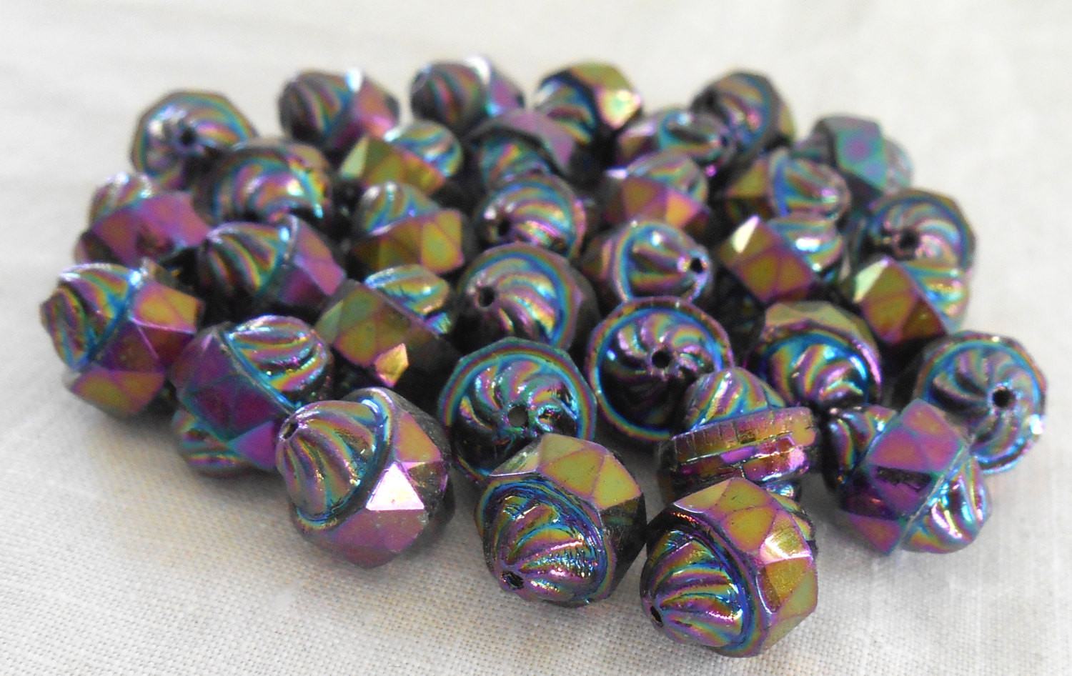 Ten Czech glass multicolored Purple iridescent Iris antique cut turbine, cathedral, saturn beads, 11 x 10mm, C5901 - Glorious Glass Beads