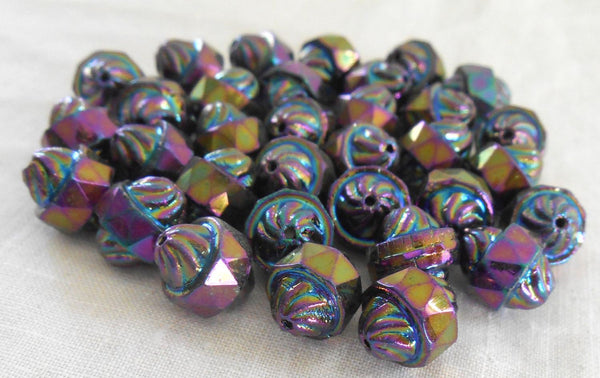 Ten Czech glass multicolored Purple iridescent Iris antique cut turbine, cathedral, saturn beads, 11 x 10mm, C5901 - Glorious Glass Beads