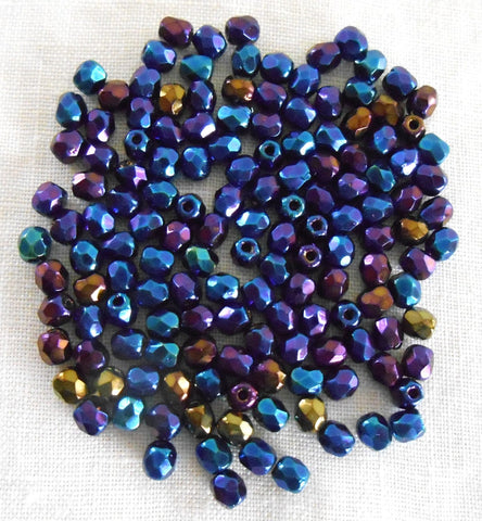 Fifty 3mm Czech Blue Iris glass firepolished round faceted beads, C8450 - Glorious Glass Beads