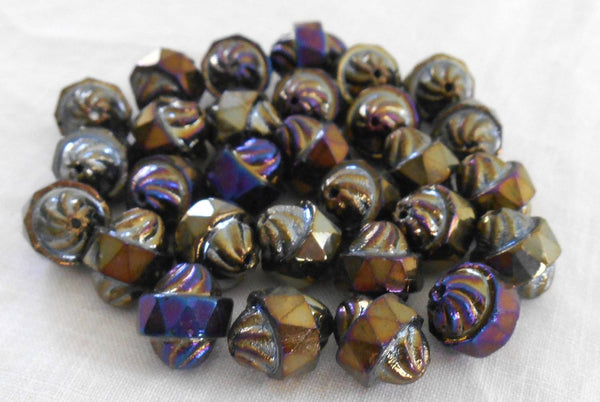 Ten Czech Brown multicolored iridescent glass Iris antique cut turbine, cathedral, saturn beads, 11 x 10mm, C8410 - Glorious Glass Beads