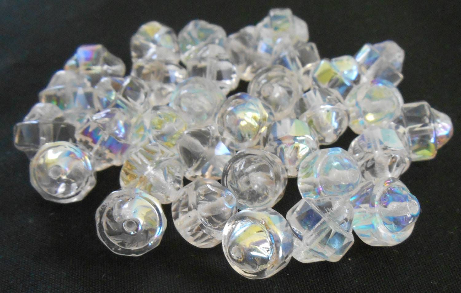 Ten Czech white iridescent Crystal AB antique cut turbine, cathedral, saturn beads, 11 x 10mm, C0101 - Glorious Glass Beads