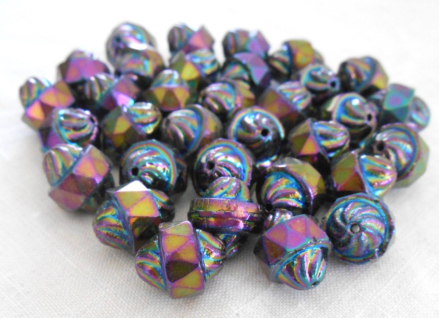 Ten Czech glass multicolored Purple iridescent Iris antique cut turbine, cathedral, saturn beads, 11 x 10mm, C5901 - Glorious Glass Beads
