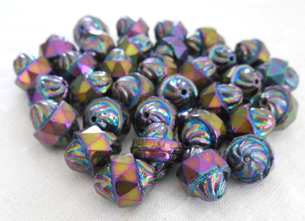 Ten Czech glass multicolored Purple iridescent Iris antique cut turbine, cathedral, saturn beads, 11 x 10mm, C5901 - Glorious Glass Beads