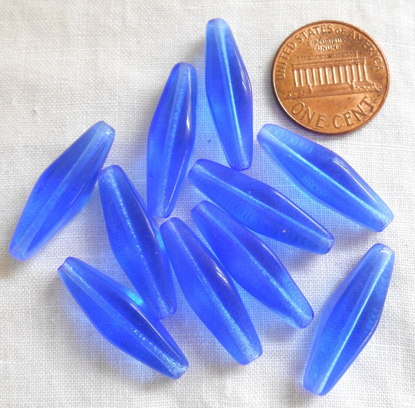 Ten 24 x 9mm sapphire blue glass long lantern or tube beads, C0501 - Glorious Glass Beads